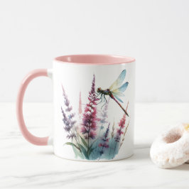 Taza Libélula Acuarela Flor Silvestre Rosa Estética