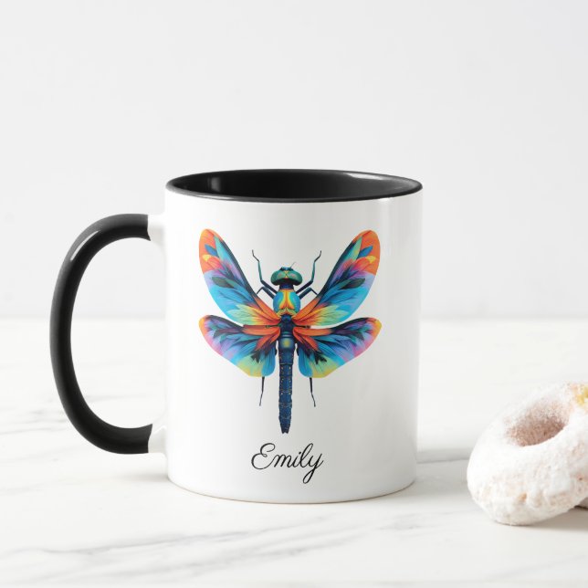 Taza Libélula Arcoíris Nombre Personalizado  (Con donut)