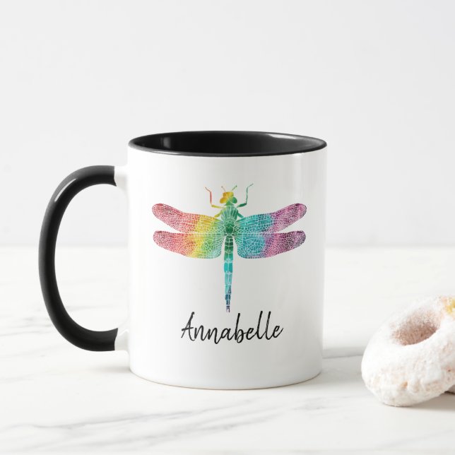 Taza Libélula magnífica de la acuarela del arco iris (Con donut)