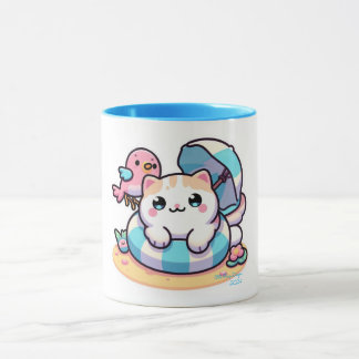 Taza libro de gato lindo kawaii en la playa
