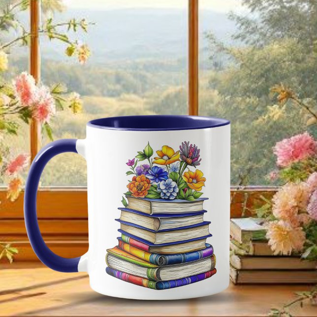 Taza Libros antiguos bonitos y flores personalizados (Subido por el creador)