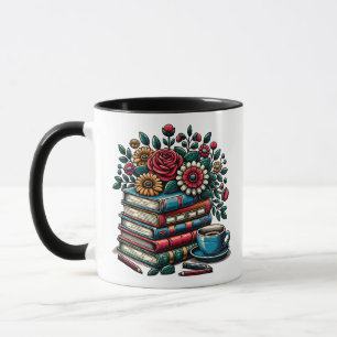 Taza Libros antiguos personalizados, café y flores