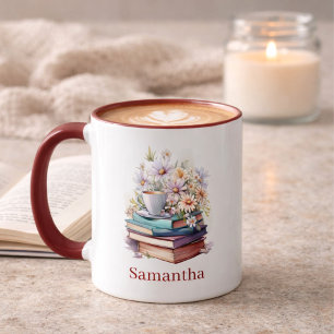 Taza Libros apilados florales personalizados con asa co