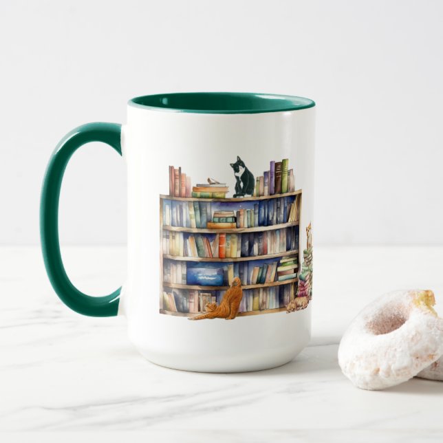Taza Libros y gatos, regalos para bibliófilo biblioteca (Con donut)