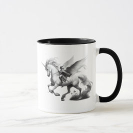 Taza Licorne ailée majestueuse avec chevalier.