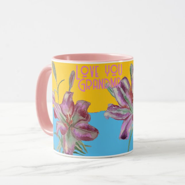 Taza Liles rosas lilas arte Nombre de la abuela Decorac (Anverso izquierdo)