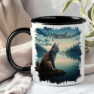 Taza Lince junto al lago al amanecer en la naturaleza 