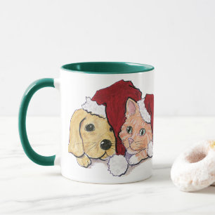 Taza Lindo cachorro labrador de Navidad y gato atigrado