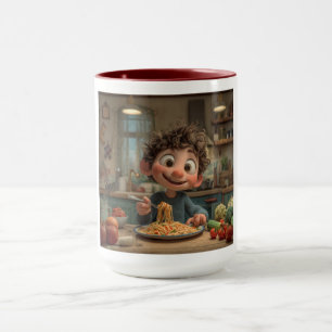 Taza Lindo Niño Animado Comiendo Espaguetis Pasta Café