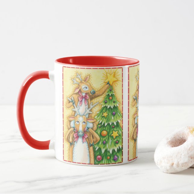 Taza Lindo reno de Navidad con estrella de árbol de Nav (Con donut)