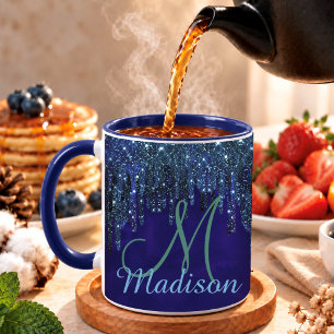 Taza Lindo unicornio turquesa azul Monograma con gotas 