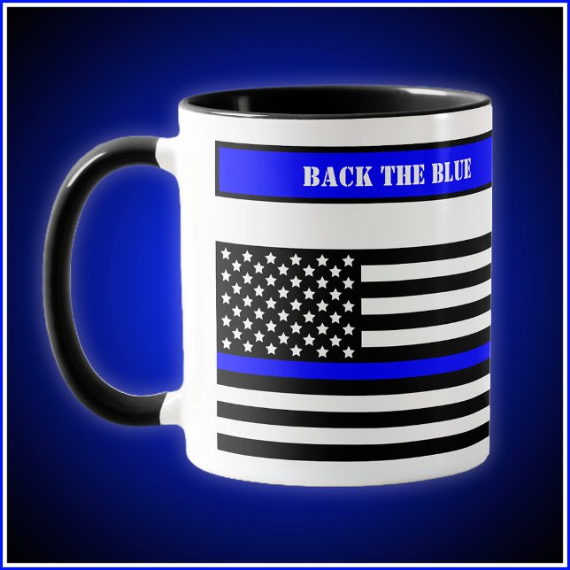 Taza [Línea Azul delgada] Respaldo de la policía azul S (Design wraps around mug. 11oz Combo style mug with black selected as accent color shown here.)
