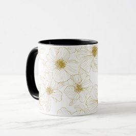 Taza Línea de flores doradas chic patrón floral blanco
