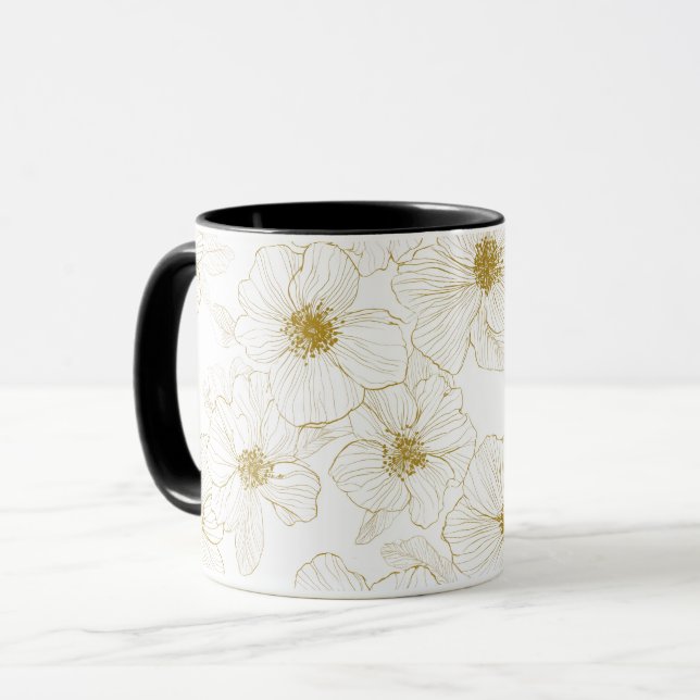 Taza Línea de flores doradas chic patrón floral blanco (Anverso izquierdo)