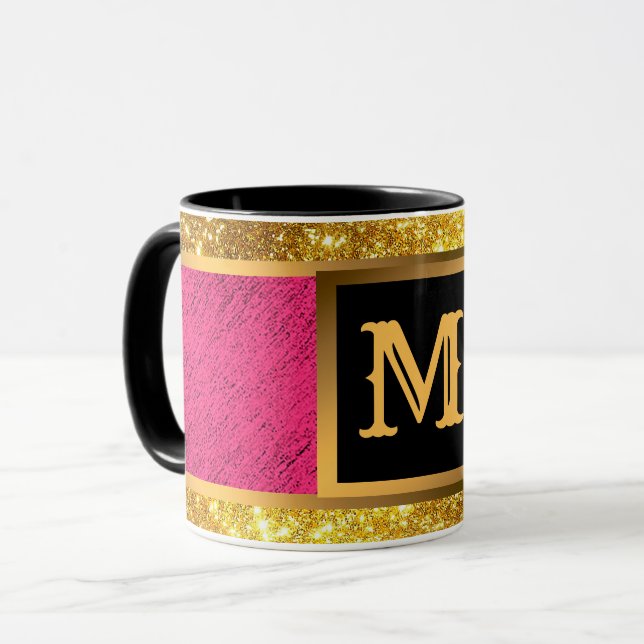 Taza Lino rosado Purpurina de oro moderno monogramado (Anverso izquierdo)