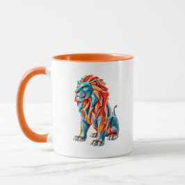 Taza lion coloré, origami avec crinière rouge et bleu.