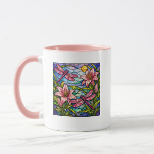 Taza Lirios y Libélulas de Vidrio Teñido Rosa