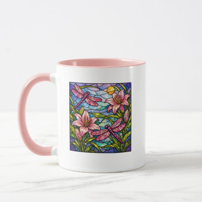 Taza Lirios y Libélulas de Vidrio Teñido Rosa (Izquierda)