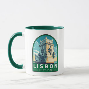 Taza Lisboa Portugal Belem Tower Travel Retro Emblem