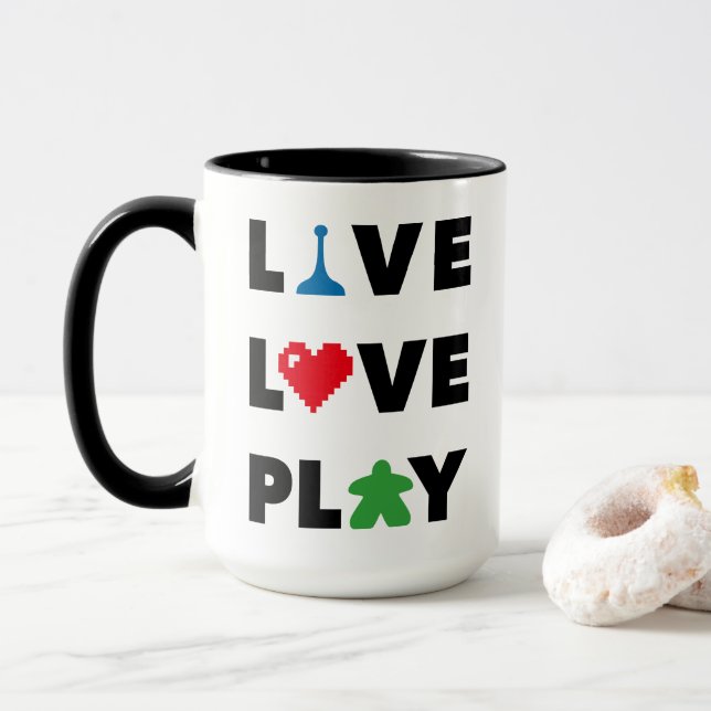 Taza Live, Love, Play Black Text Mug (Con donut)