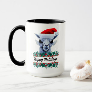 Taza Llama Con Sombrero Santa Y Mug De Texto