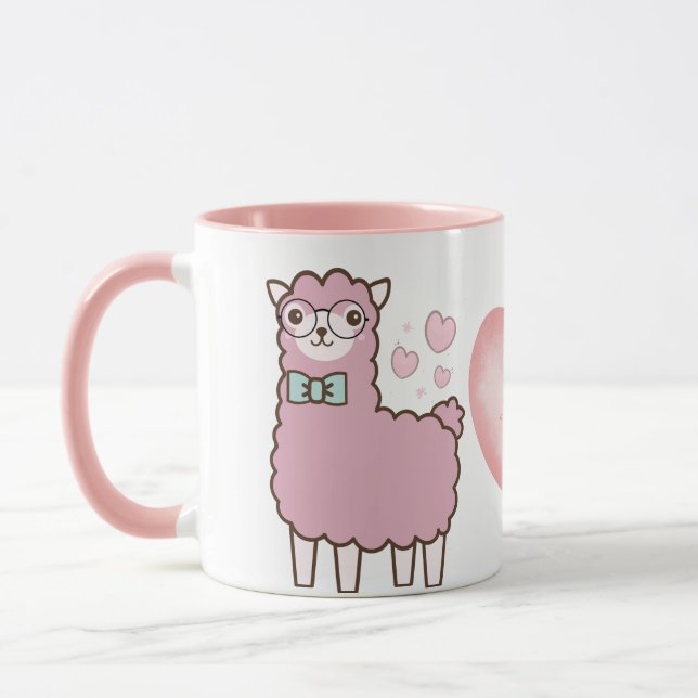 Taza Llama Cute Con Corazones Rosados Monograma Nombre  (Izquierda)