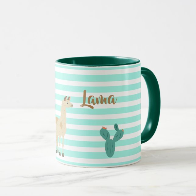Taza Llama y cactus sobre rayas verdes y blancas (Anverso derecho)