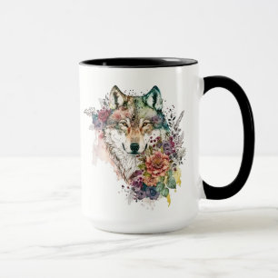 Taza Lobo acuarela con flores en el pantano natural