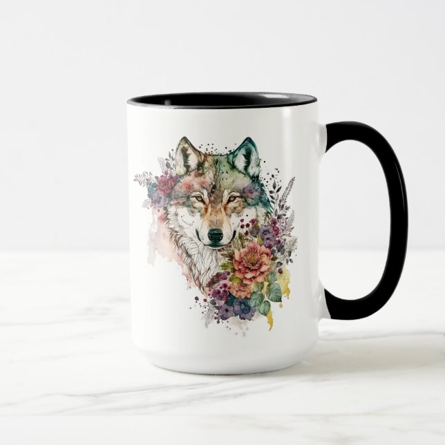 Taza Lobo acuarela con flores en el pantano natural (Derecha)