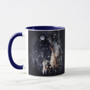 Taza Lobo y cachorro aullando en la luna