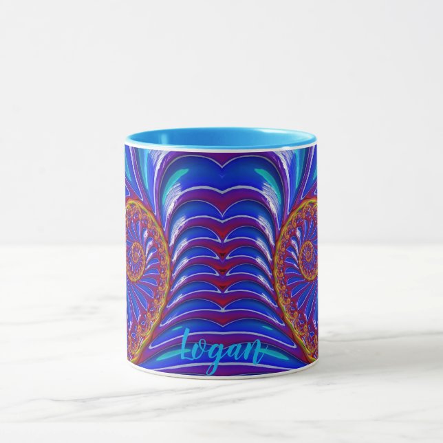 Taza LOGAN ~ GLOSSY 3D Zany Blue Yellow Fractal ~ Mug (Centro)
