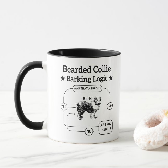 Taza Lógica de Collie con barba divertida perro sarcást (Con donut)