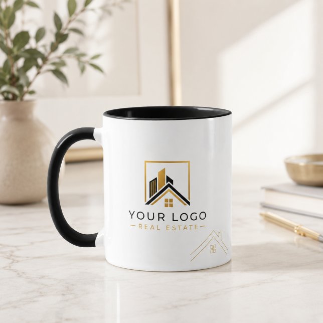 Taza Logo de bienes raíces de oro negro de lujo (Realtor Logo Mug for Luxury Real Estate Branding | Black Gold Office Style)