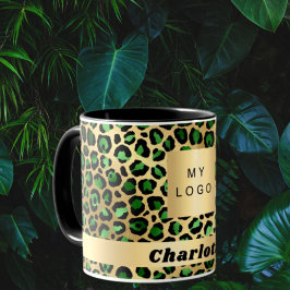 Taza Logo de negocios de leopardo de oro verde esmerald