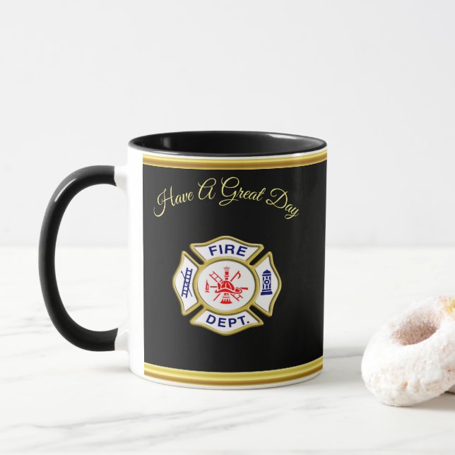Taza Logo del Departamento de Bomberos Oro azul y blanc (Con donut)