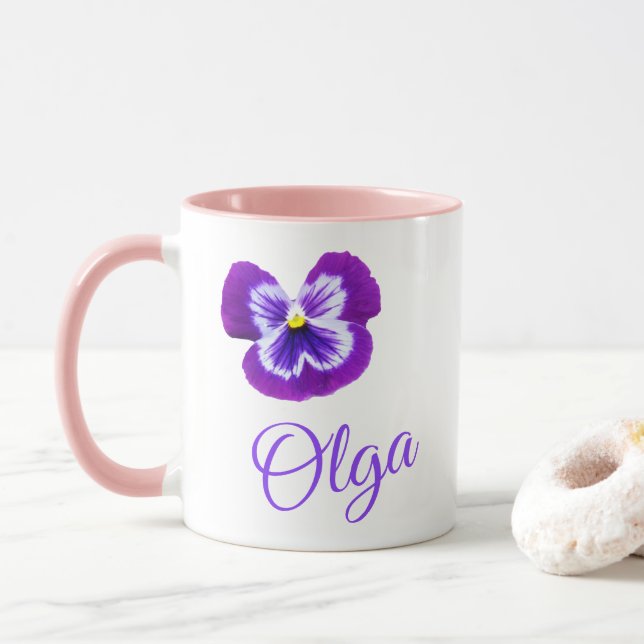 Taza Logotipo "Olga" Con Pansia Púrpura (Con donut)