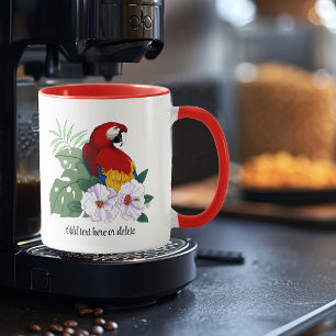 Taza Loro Guacamayo Rojo Floral Hibisco Tropical Blanco