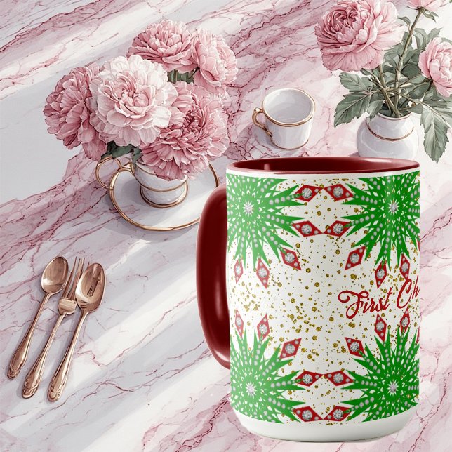Taza Los copos verdes de nieve del niño son la primera  (Kid's Green Snowflakes First Christmas Party Cute Mug)