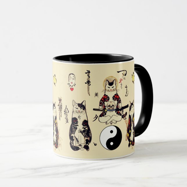 TAZA LOS GATOS SAMURAÍES EN EL ESQUÍ, SKELETON, TATOOS  (Anverso derecho)