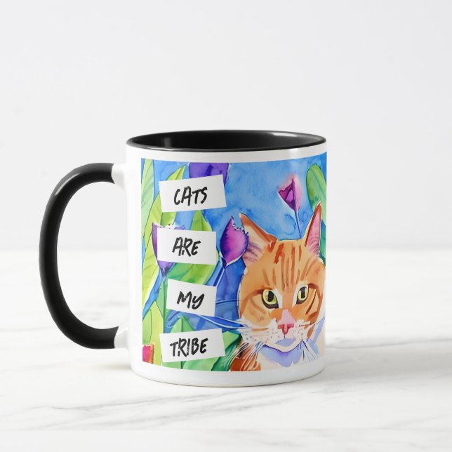 Taza Los gatos son mi tribu | Gato Naranja y flores (Izquierda)