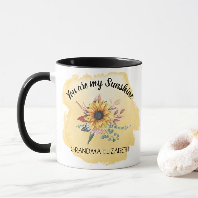 Taza Los nombres de los nietos amarillos del girasol (Con donut)