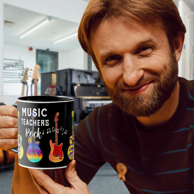 Taza Los Profesores de Música Rock Gracias (Music teacher rock teacher thank you gift black coffee mug with colorful guitars and musical notes)