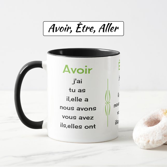 Taza Los verbos franceses aprenden y enseñan (Combo mug - black handles and inside)