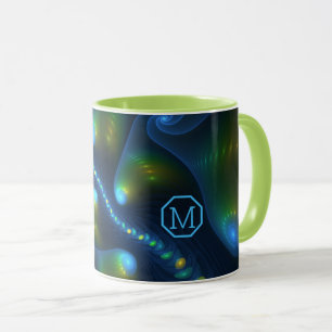 Taza Luces de fantasía Resumen Arte Fractal Azul Monogr