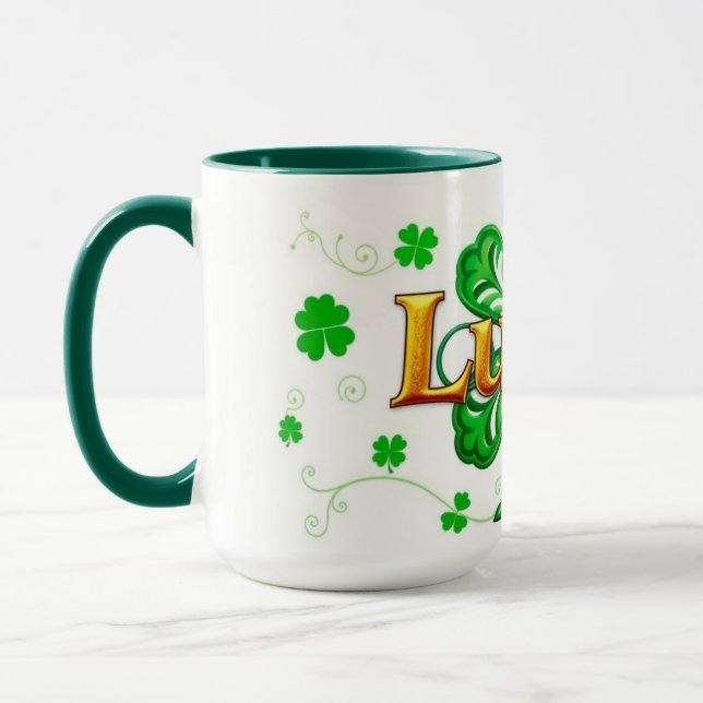 Taza Lucky Text Shamrock Pattern St. Patrick's (Izquierda)