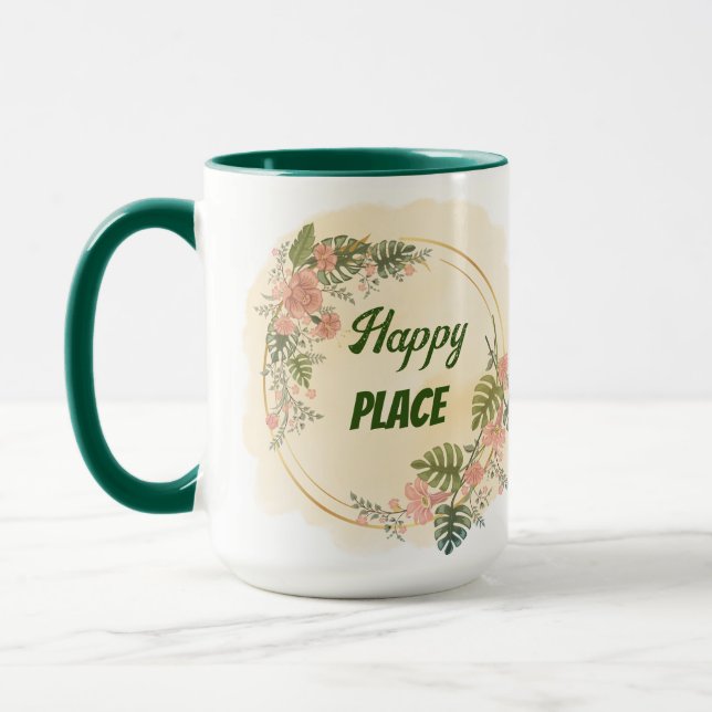 Taza Lugar floral, verde y amarillo feliz, personalizab (Izquierda)