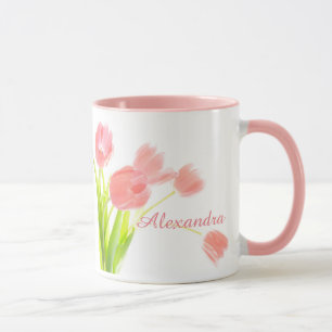 Taza Luminoso, fresco y rosa Tulipán Bouquet con nombre