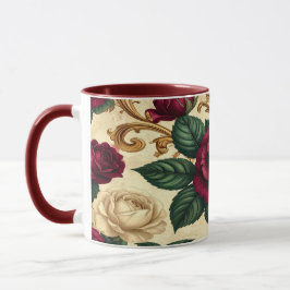 Taza Luxury Baroque Roses Design - Burgundy Cream Flowe