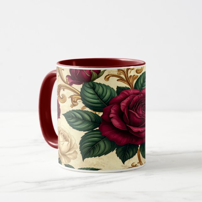Taza Luxury Baroque Roses Design - Burgundy Cream Flowe (Anverso izquierdo)