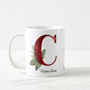 Taza M de café con letra C floral corazón rojo ele
